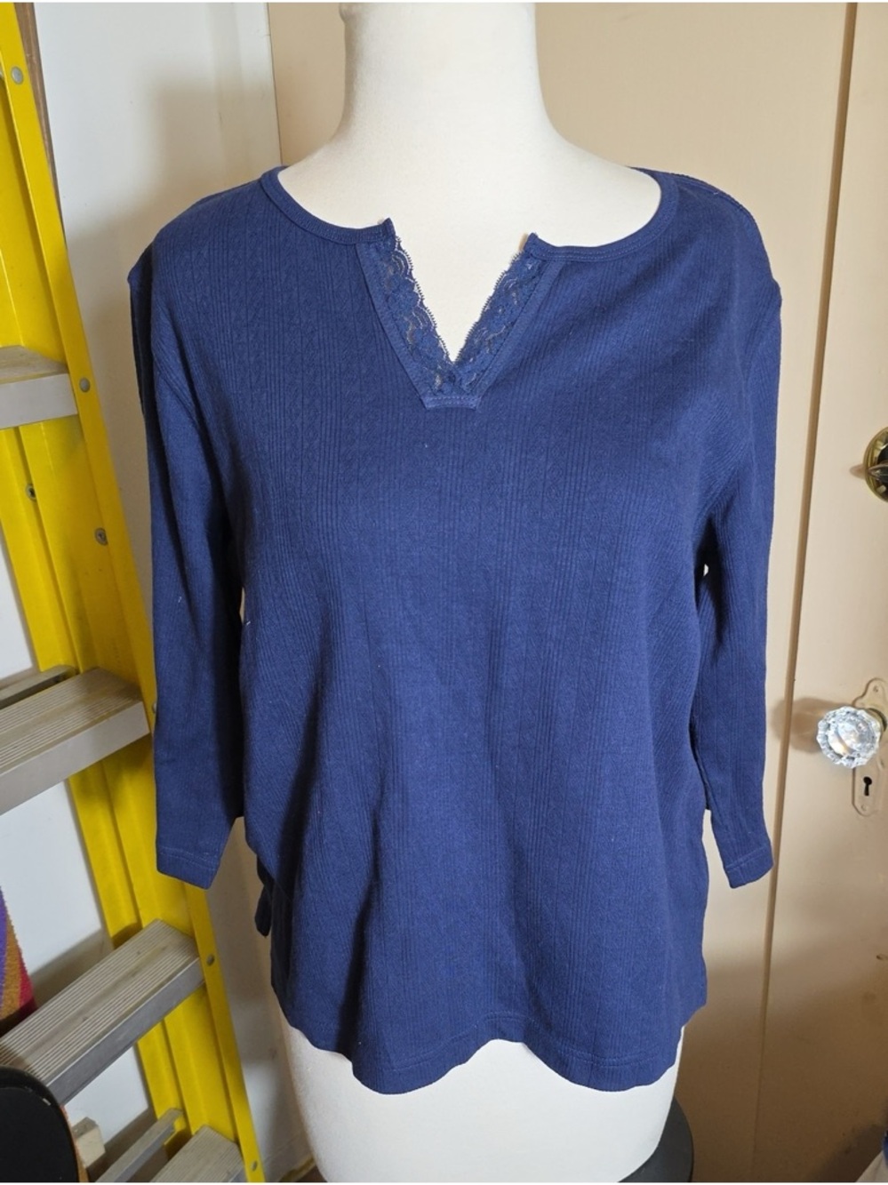Classic Elements Navy Lace-Trim Long Sleeve Knit Top